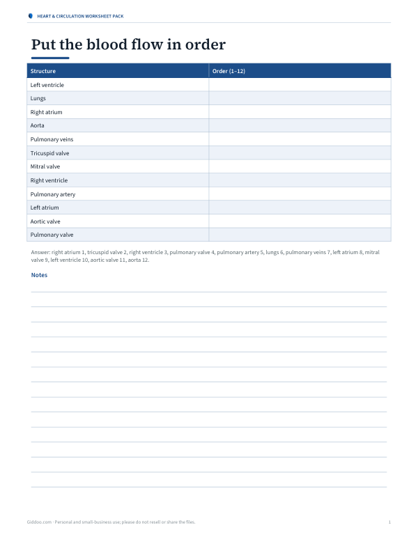Preview of Printable Heart Blood Flow Sequencing Chart